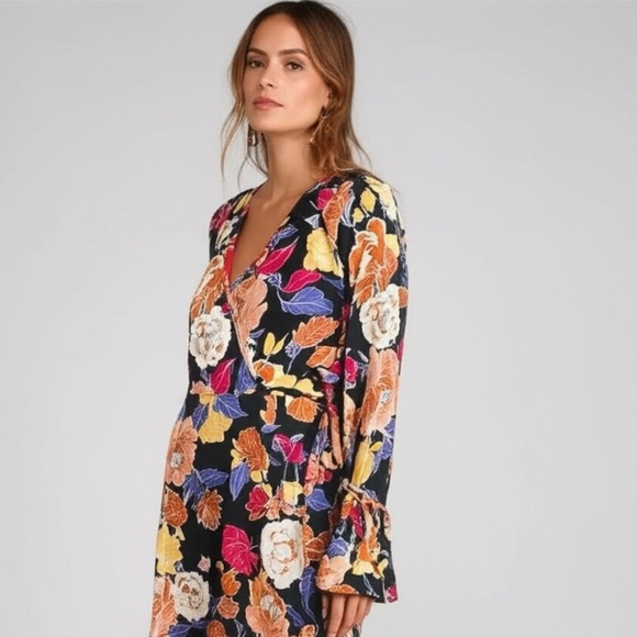 New BAND OF THE FREE Boho Floral Multi Hi-Lo Wrap Maxi Dress Long Sleeve Hippie - Picture 3 of 13